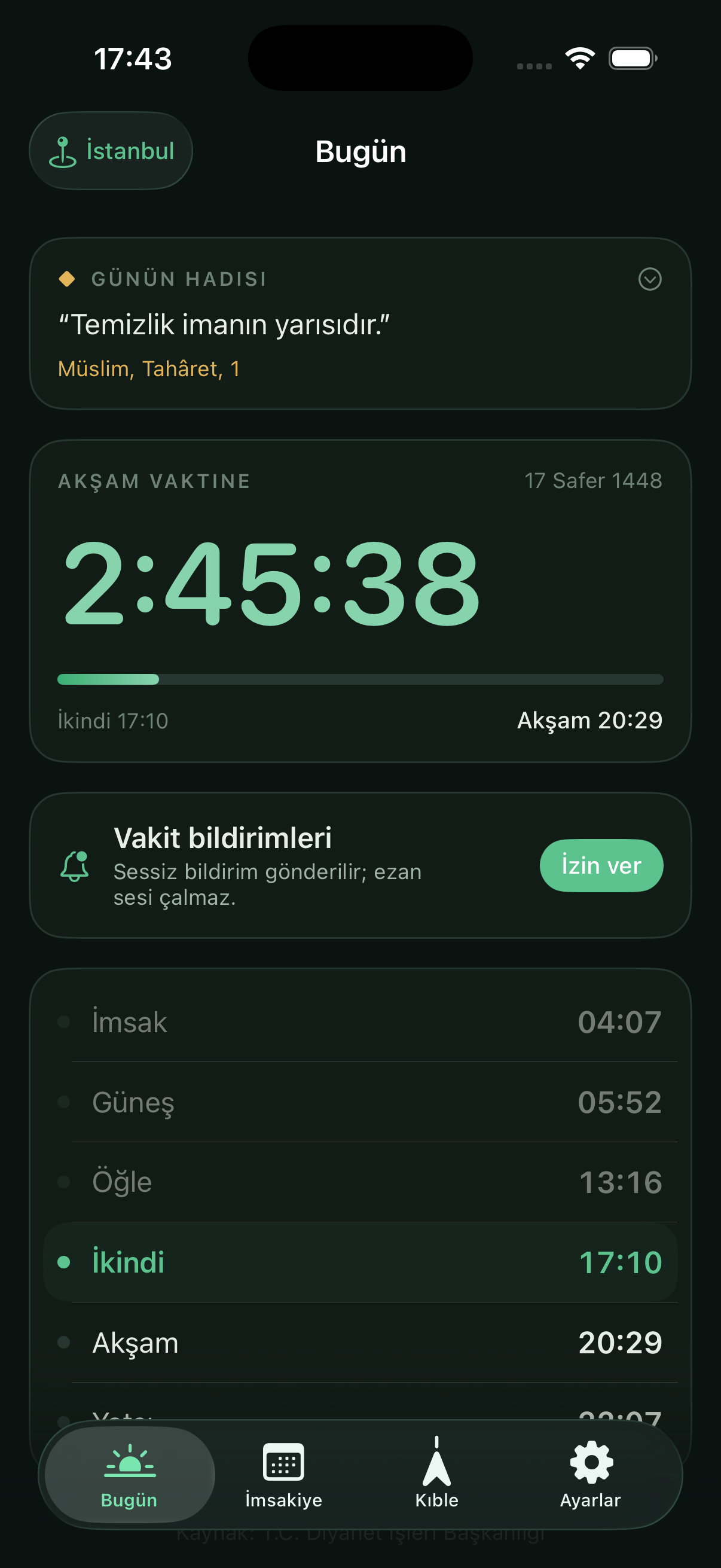Karanlık tema: aynı ekran gece görünümünde